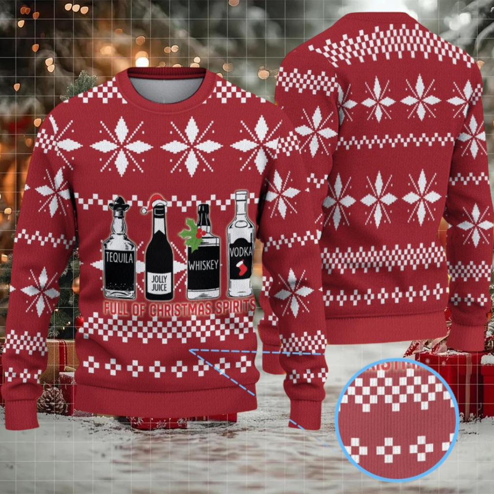 Red White Snowflake Pattern “Full of Christmas Spirits” Ugly Christmas Sweater Featuring Tito’s Handmade Vodka Red White Snowflake Pattern “Full of Christmas Spirits” Ugly Christmas Sweater Featuring Tito’s Handmade Vodka