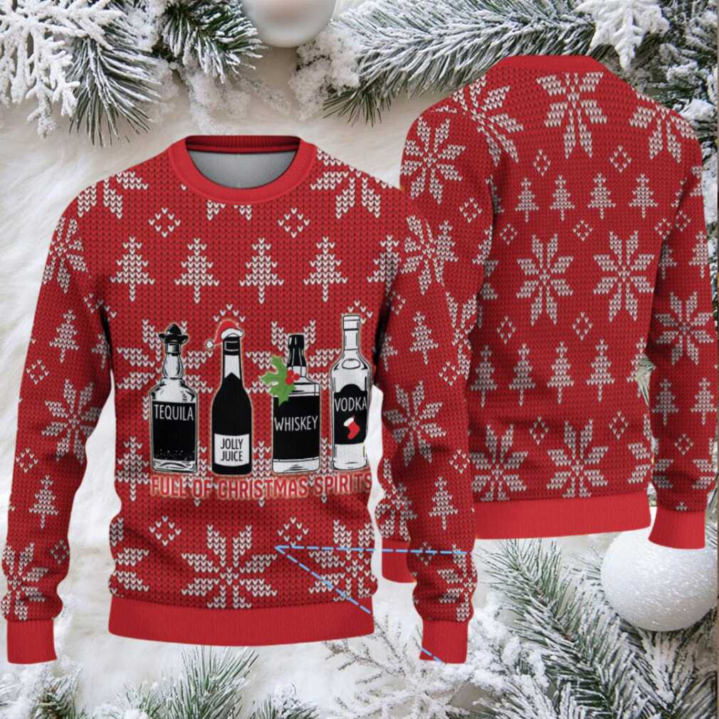 Red White Snowflake and Christmas Tree Pattern “Full of Christmas Spirits” Ugly Christmas Sweater Featuring Tito’s Handmade Vodka