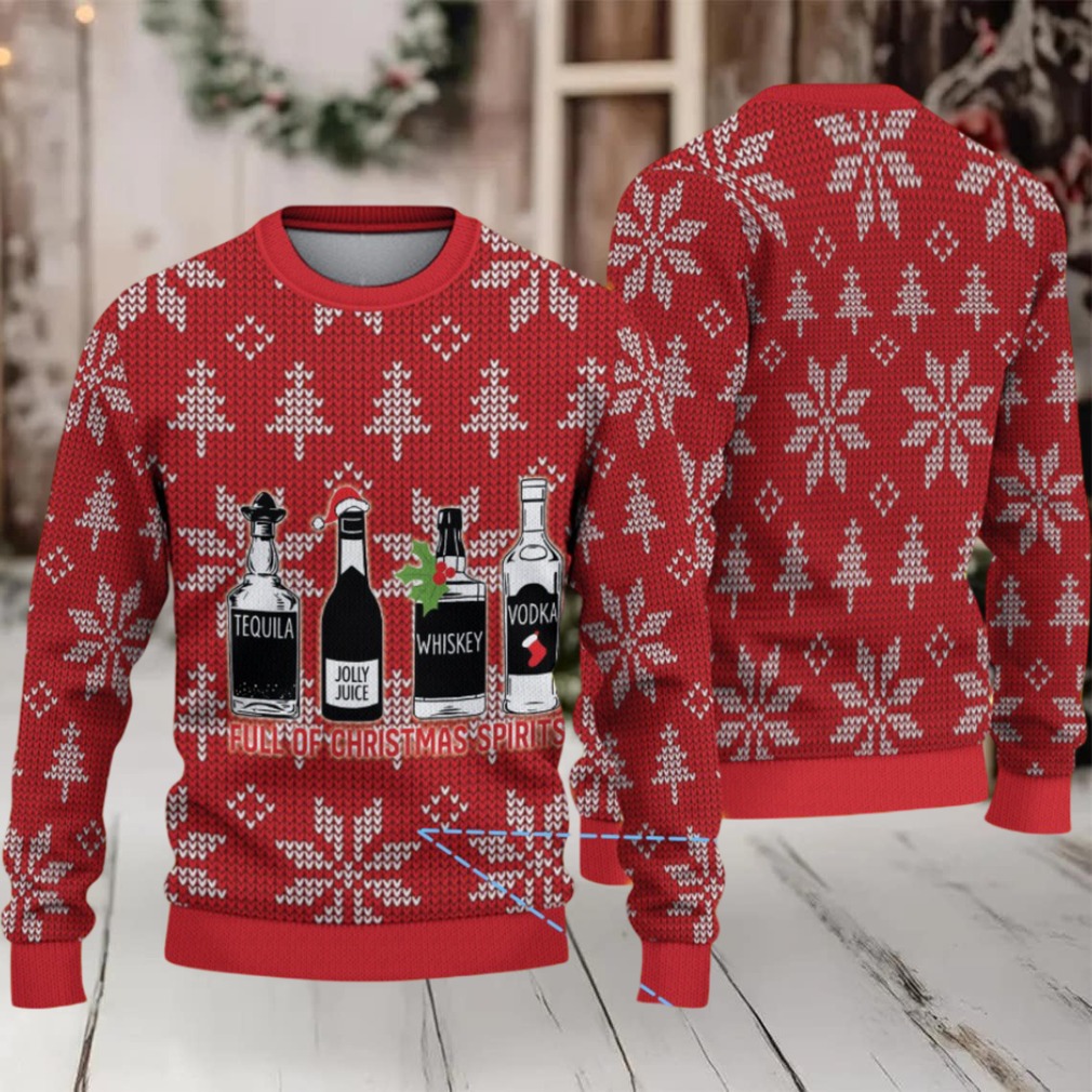 Red White Snowflake and Christmas Tree Pattern “Full of Christmas Spirits” Ugly Christmas Sweater Featuring Tito’s Handmade Vodka