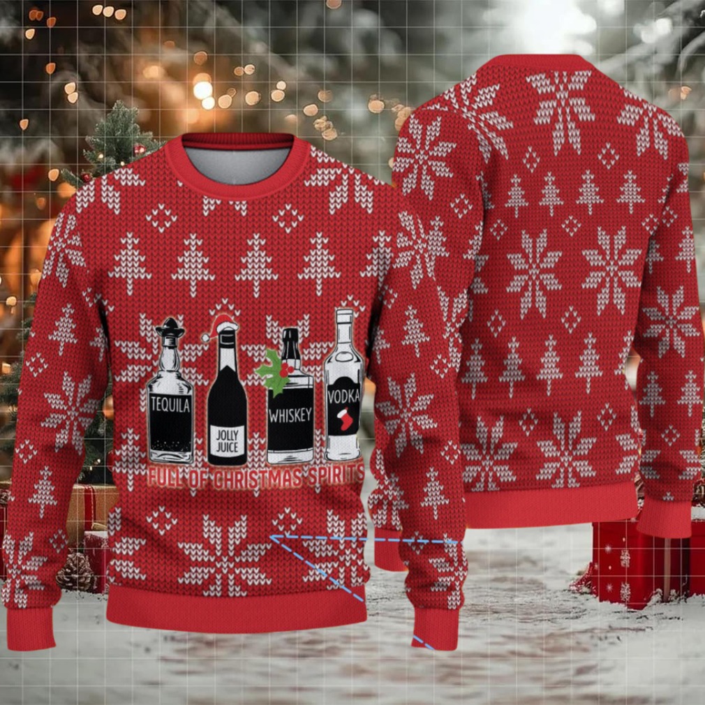 Red White Snowflake and Christmas Tree Pattern “Full of Christmas Spirits” Ugly Christmas Sweater Featuring Tito’s Handmade Vodka Red White Snowflake and Christmas Tree Pattern “Full of Christmas Spirits” Ugly Christmas Sweater Featuring Tito’s Handmade Vodka
