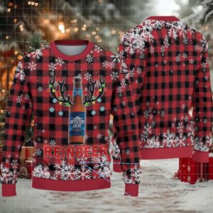 Red and Black Plaid Snowflake Keystone Light Reinbeer Ugly Christmas Sweater