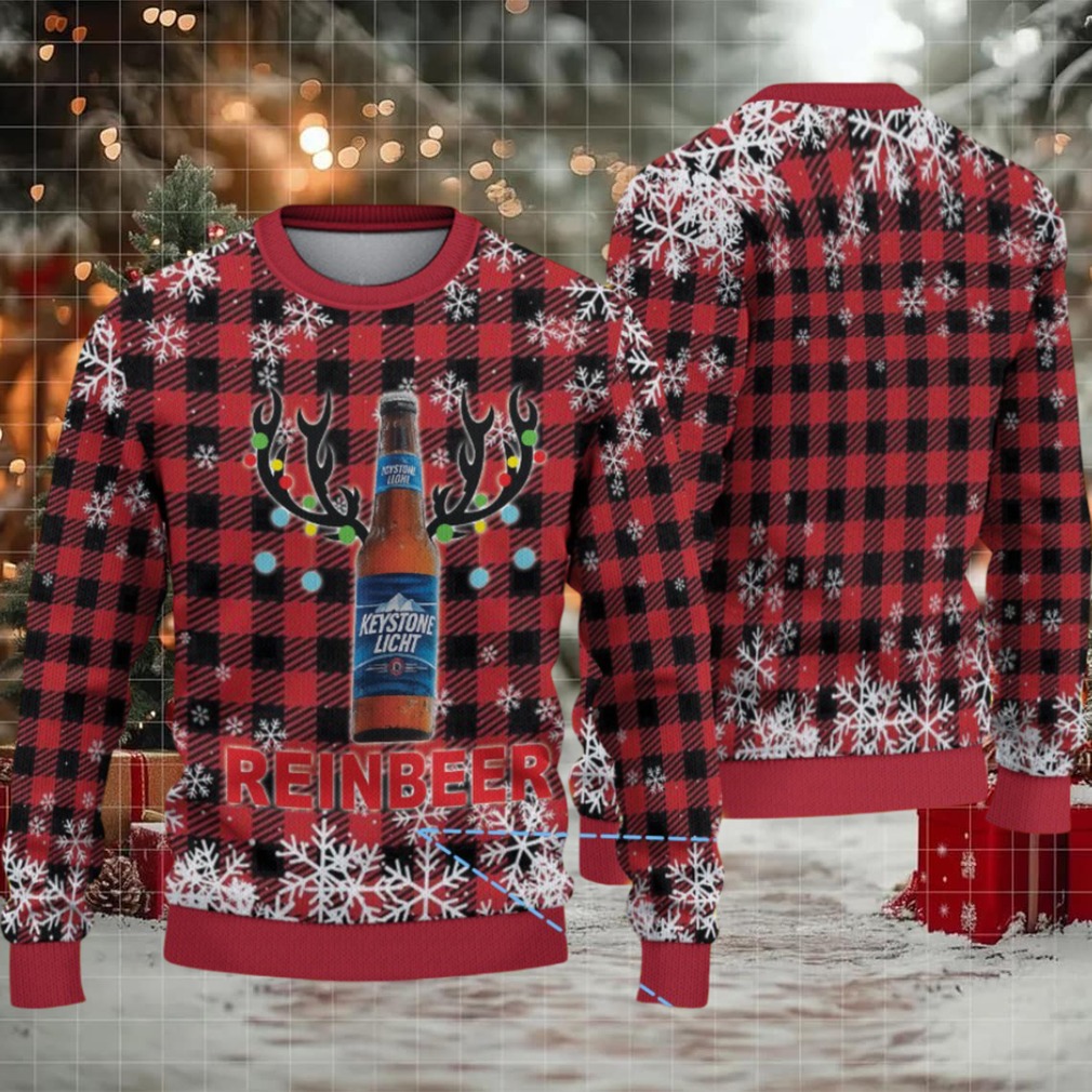 Red and Black Plaid Snowflake Keystone Light Reinbeer Ugly Christmas Sweater