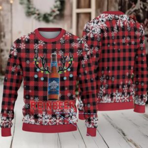 Red and Black Plaid Snowflake Keystone Light Reinbeer Ugly Christmas Sweater