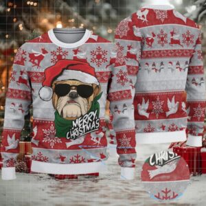 Red and Gray Bulldog Merry Christmas Keystone Light Ugly Christmas Sweater