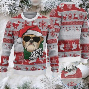 Red and Gray Bulldog Merry Christmas Keystone Light Ugly Christmas Sweater