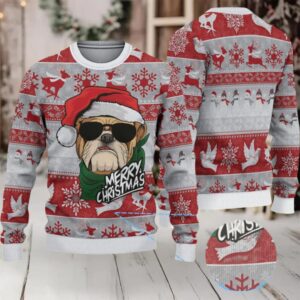 Red and Gray Bulldog Merry Christmas Keystone Light Ugly Christmas Sweater