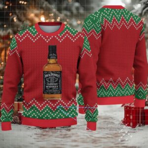 Red and Green Chevron Knit Ugly Christmas Sweater Jack Daniel’s Tennessee Whiskey Bottle Pattern,