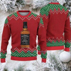 Red and Green Chevron Knit Ugly Christmas Sweater Jack Daniel’s Tennessee Whiskey Bottle Pattern,