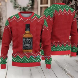 Red and Green Chevron Knit Ugly Christmas Sweater Jack Daniel’s Tennessee Whiskey Bottle Pattern,