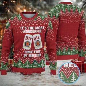 Red and Green Christmas Tree Pattern Miller Lite Ugly Christmas Sweater