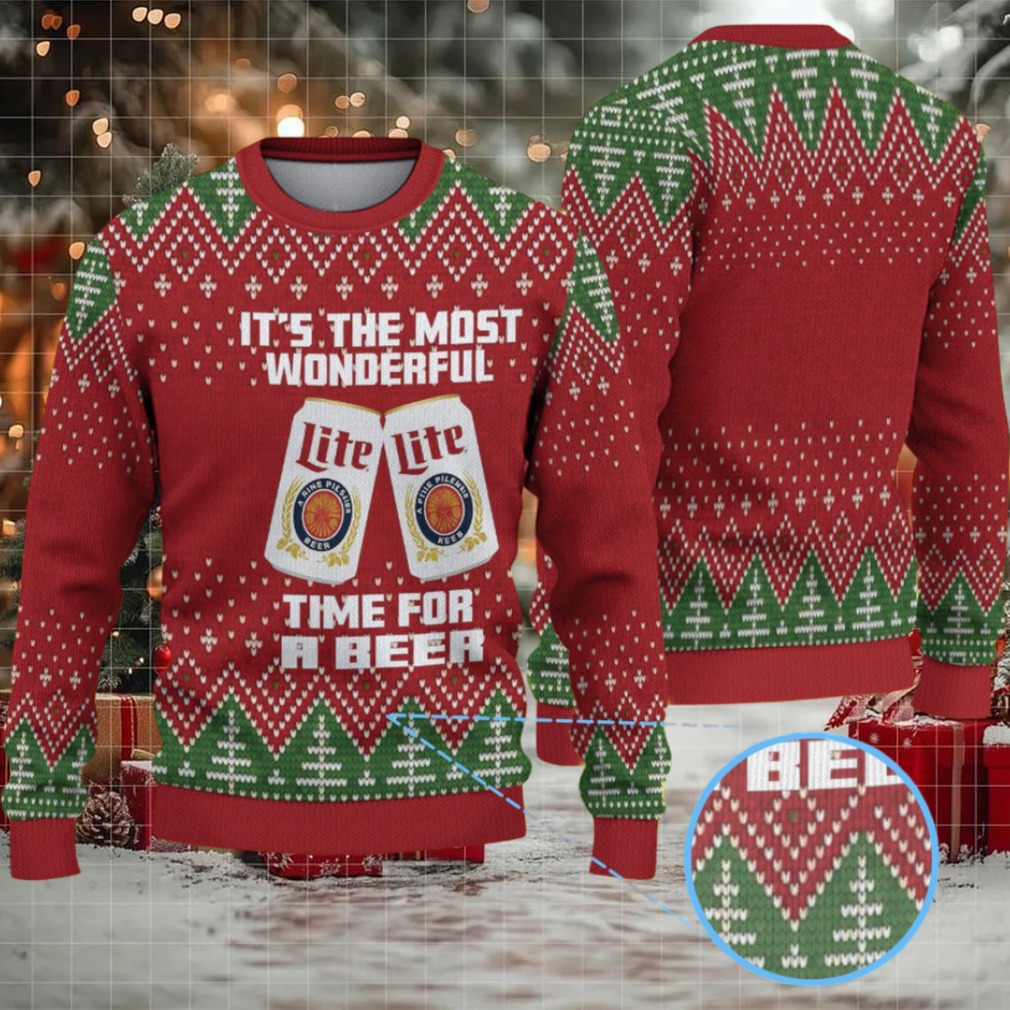 Red and Green Christmas Tree Pattern Miller Lite Ugly Christmas Sweater