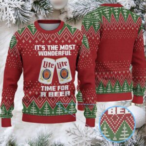 Red and Green Christmas Tree Pattern Miller Lite Ugly Christmas Sweater