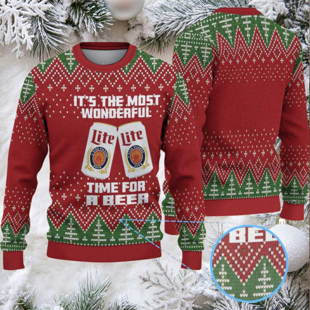 Red and Green Christmas Tree Pattern Miller Lite Ugly Christmas Sweater