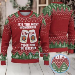 Red and Green Christmas Tree Pattern Miller Lite Ugly Christmas Sweater