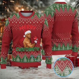 Red and Green Fair Isle Ugly Christmas Sweater Mike Tyson in Santa Hat with Boxing Gloves