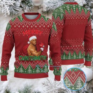 Red and Green Fair Isle Ugly Christmas Sweater Mike Tyson in Santa Hat with Boxing Gloves
