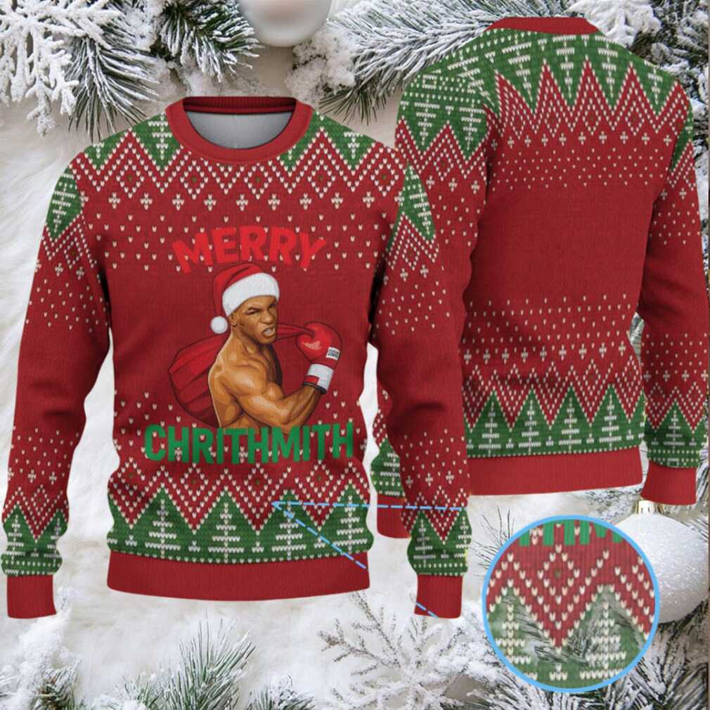 Red and Green Fair Isle Ugly Christmas Sweater Mike Tyson in Santa Hat with Boxing Gloves Red and Green Fair Isle Ugly Christmas Sweater Mike Tyson in Santa Hat with Boxing Gloves
