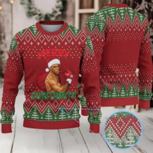 Red and Green Fair Isle Ugly Christmas Sweater Mike Tyson in Santa Hat with Boxing Gloves