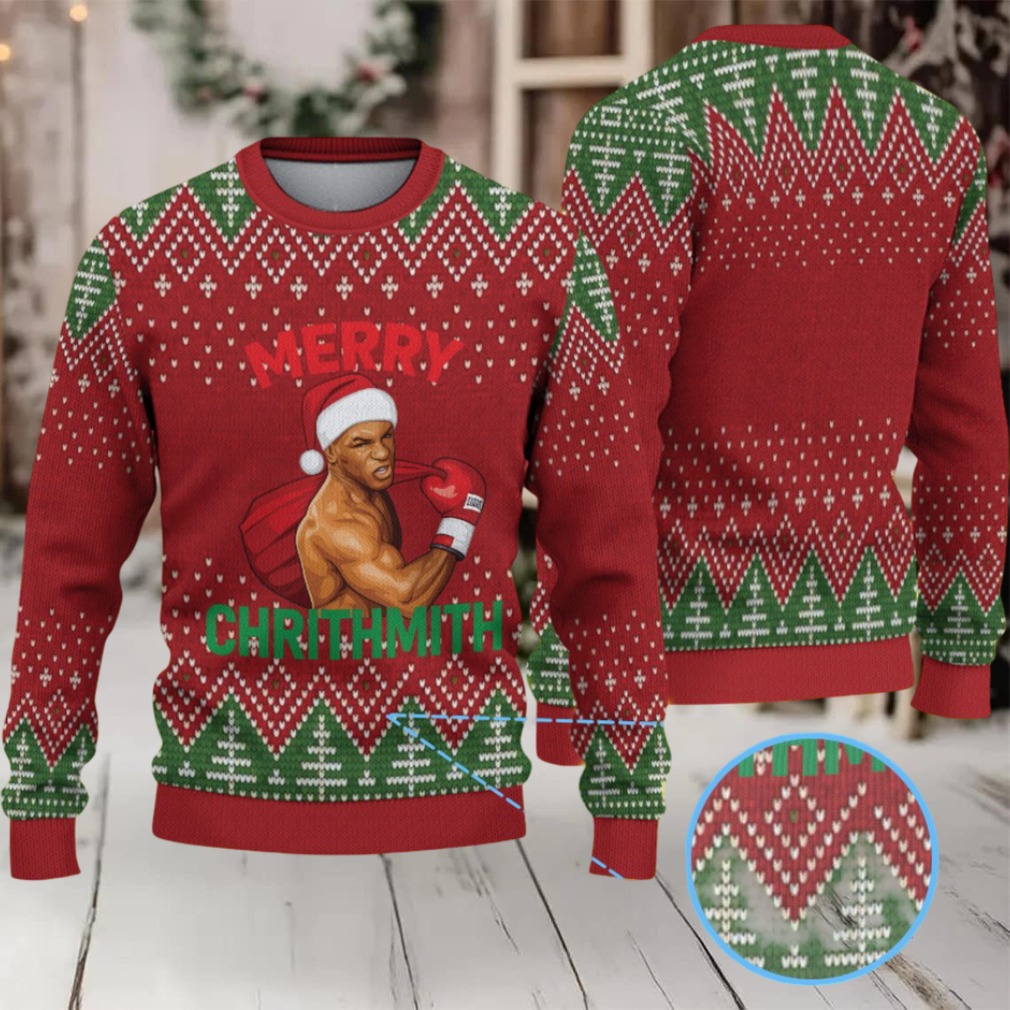 Red and Green Fair Isle Ugly Christmas Sweater Mike Tyson in Santa Hat with Boxing Gloves Red and Green Fair Isle Ugly Christmas Sweater Mike Tyson in Santa Hat with Boxing Gloves