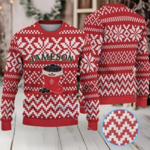 Red and White Geometric Snowflake Pattern “Jameson Irish Whiskey” Ugly Christmas Sweater