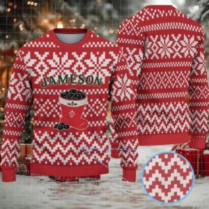 Red and White Geometric Snowflake Pattern “Jameson Irish Whiskey” Ugly Christmas Sweater