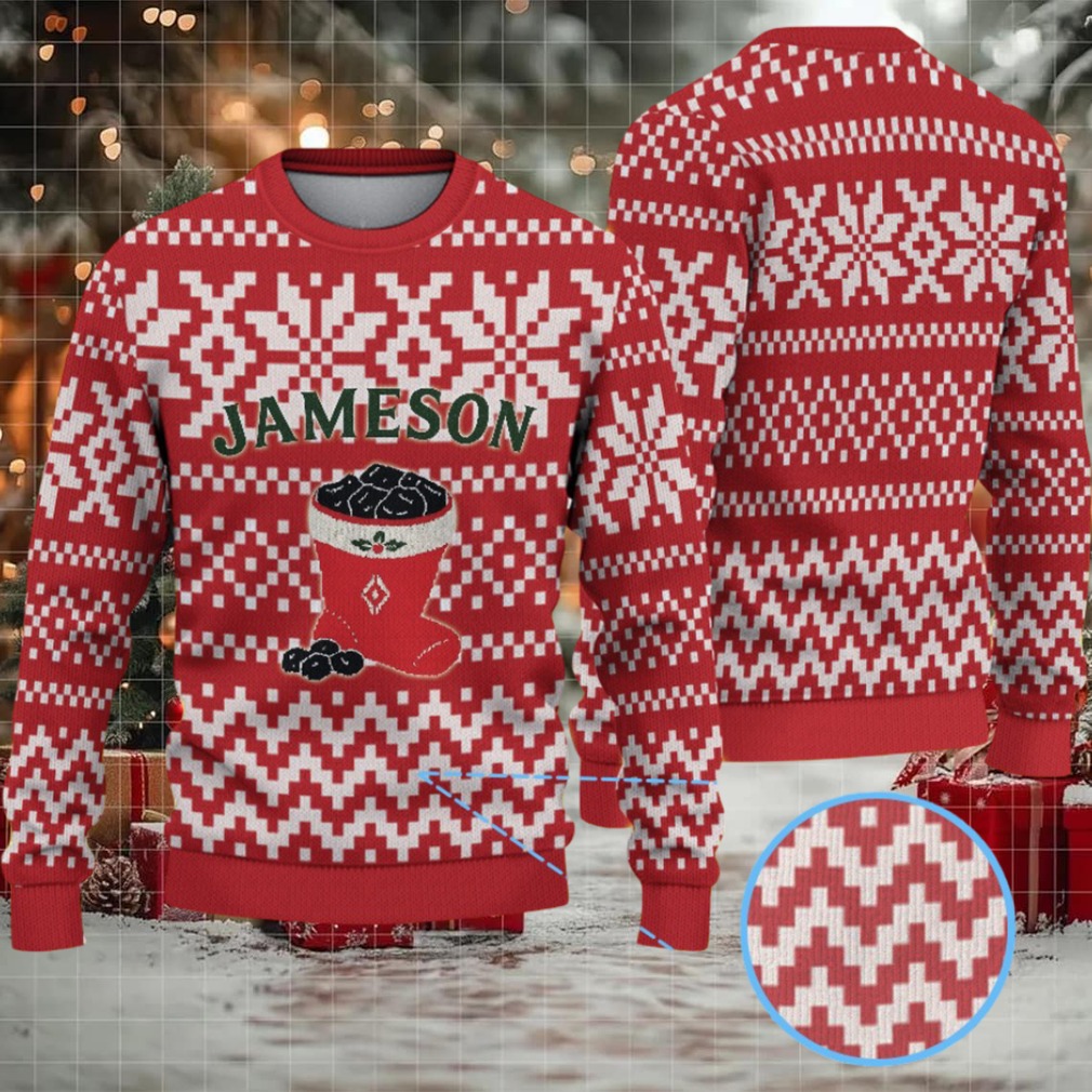 Red and White Geometric Snowflake Pattern “Jameson Irish Whiskey” Ugly Christmas Sweater Red and White Geometric Snowflake Pattern “Jameson Irish Whiskey” Ugly Christmas Sweater
