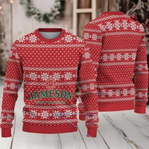 Red and White Nordic Snowflake Pattern “Jameson Irish Whiskey” Ugly Christmas Sweater