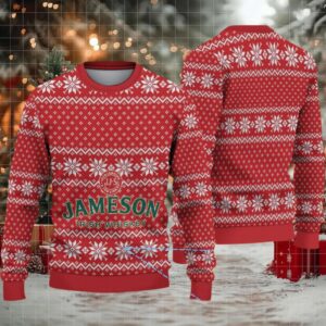 Red and White Nordic Snowflake Pattern “Jameson Irish Whiskey” Ugly Christmas Sweater