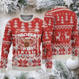 Red and White Reindeer Forest Pattern “Proper Twelve Irish Whiskey” Ugly Christmas Sweater