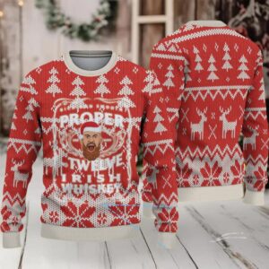 Red and White Reindeer Forest Pattern “Proper Twelve Irish Whiskey” Ugly Christmas Sweater