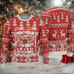 Red and White Reindeer Forest Pattern “Proper Twelve Irish Whiskey” Ugly Christmas Sweater