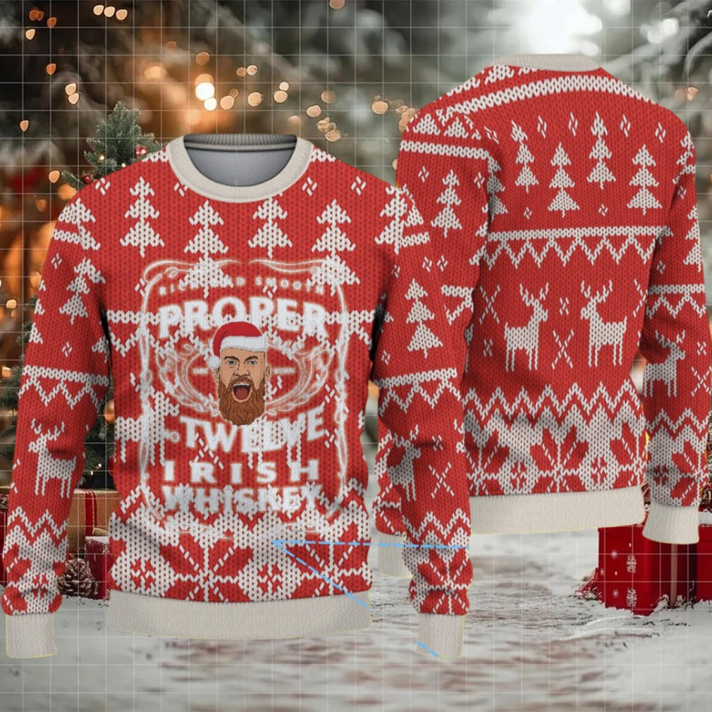 Red and White Reindeer Forest Pattern “Proper Twelve Irish Whiskey” Ugly Christmas Sweater Red and White Reindeer Forest Pattern “Proper Twelve Irish Whiskey” Ugly Christmas Sweater