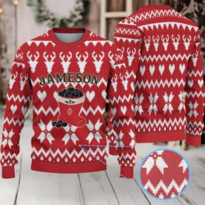 Red and White Reindeer & Heart Pattern “Jameson Irish Whiskey” Ugly Christmas Sweater