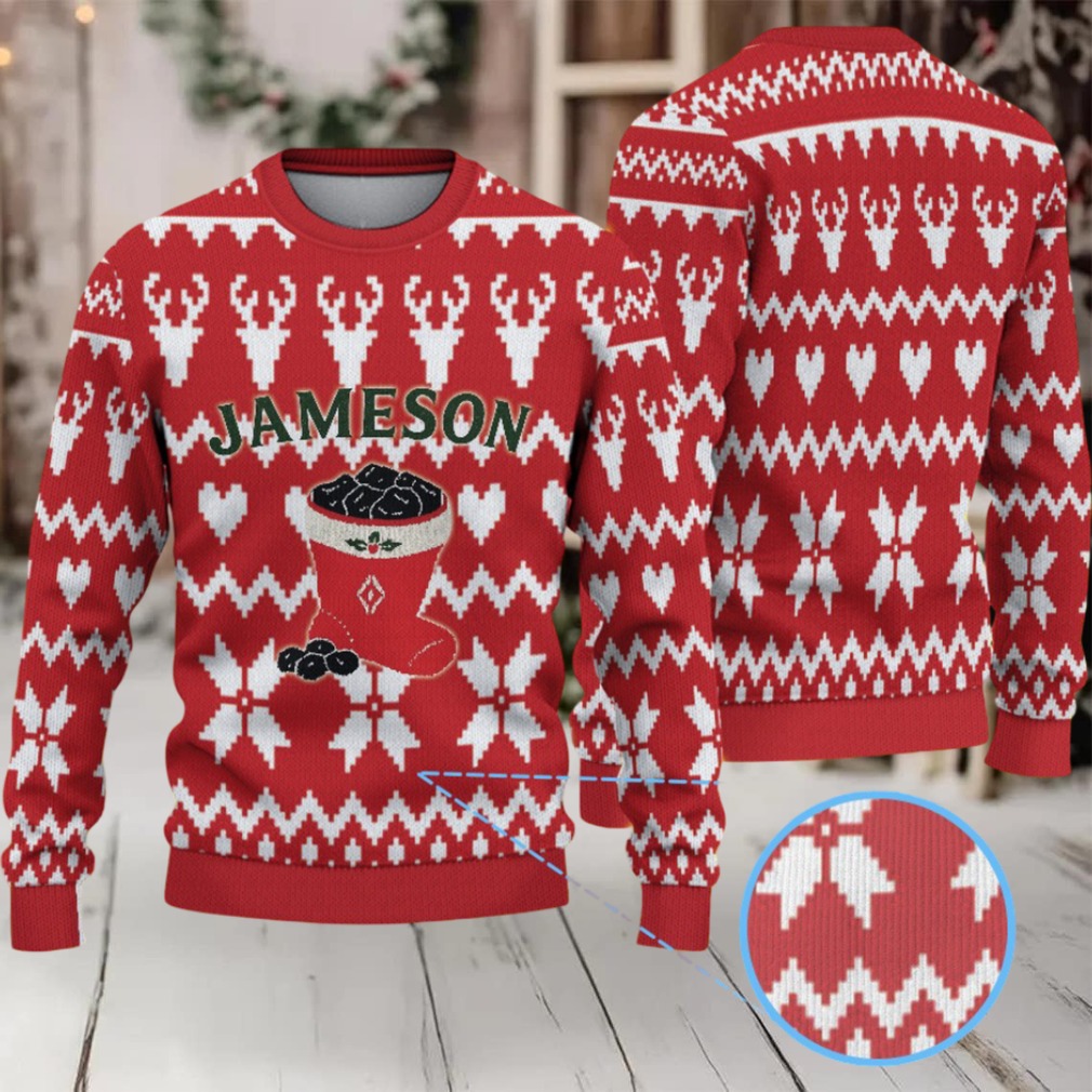 Red and White Reindeer & Heart Pattern “Jameson Irish Whiskey” Ugly Christmas Sweater