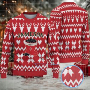 Red and White Reindeer & Heart Pattern “Jameson Irish Whiskey” Ugly Christmas Sweater