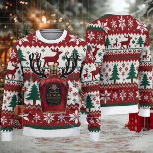 Red and White Reindeer Snowflake Crown Royal Black Ugly Christmas Sweater