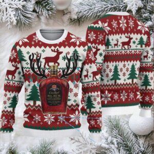 Red and White Reindeer Snowflake Crown Royal Black Ugly Christmas Sweater