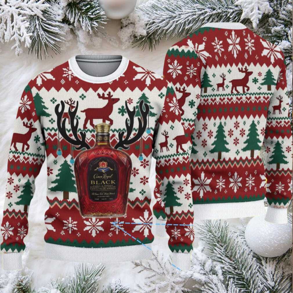 Red and White Reindeer Snowflake Crown Royal Black Ugly Christmas Sweater