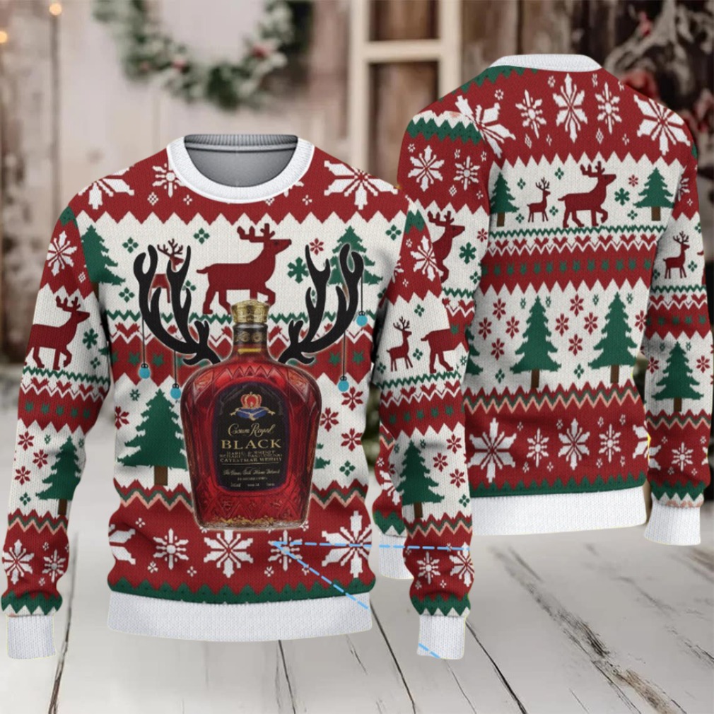 Red and White Reindeer Snowflake Crown Royal Black Ugly Christmas Sweater Red and White Reindeer Snowflake Crown Royal Black Ugly Christmas Sweater