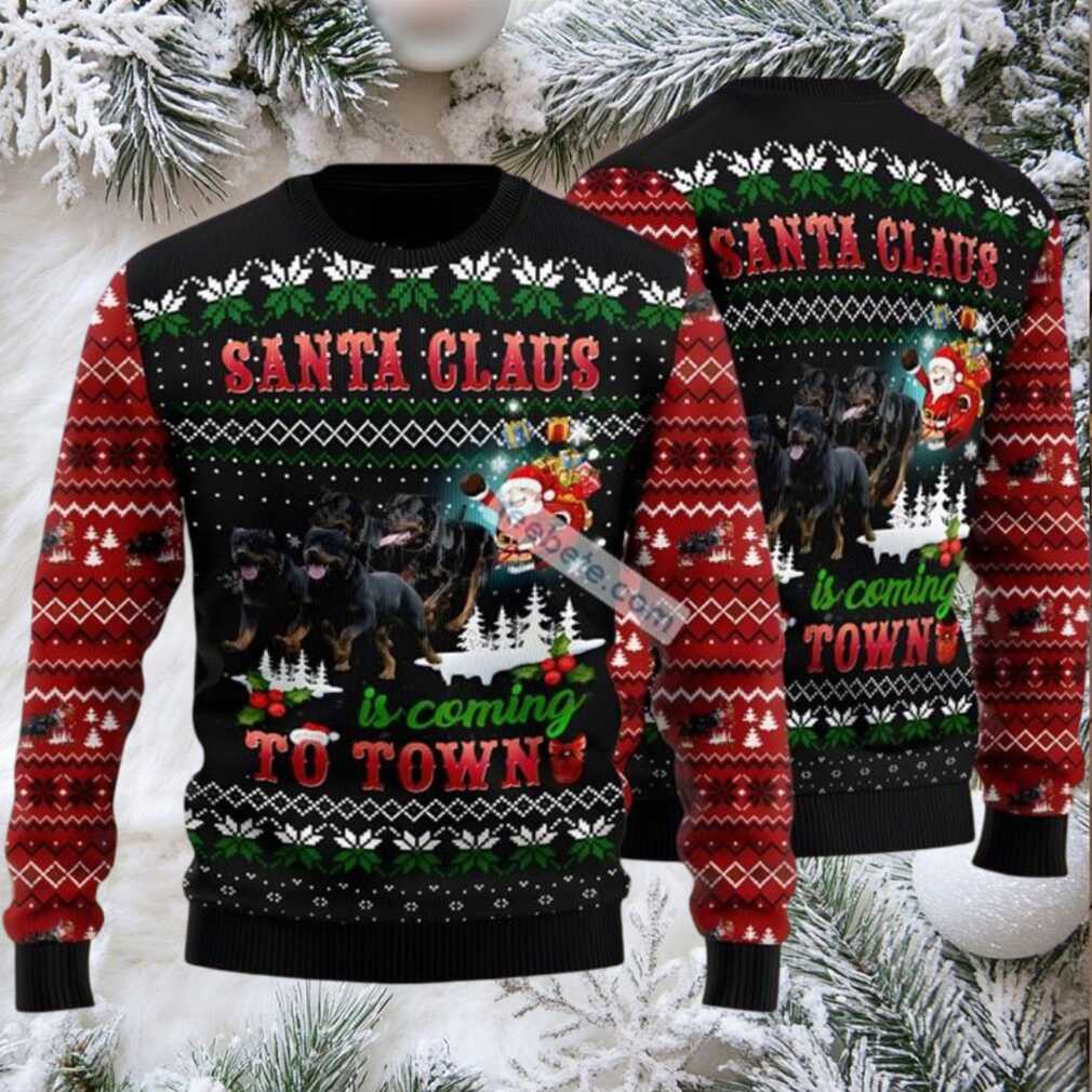 Rottweiler Santa Claus To Town Ugly Christmas Sweater Black Red Funny