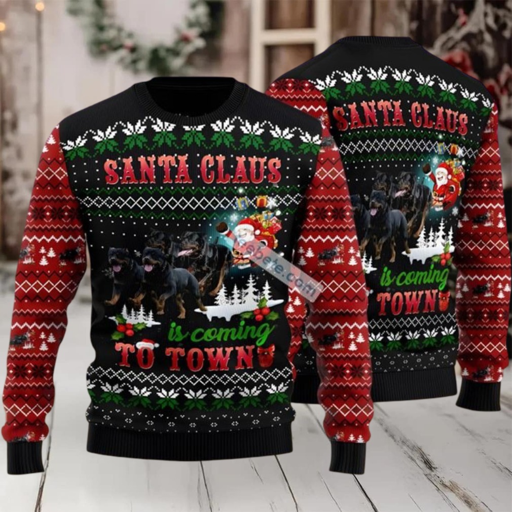 Rottweiler Santa Claus To Town Ugly Christmas Sweater Black Red Funny back