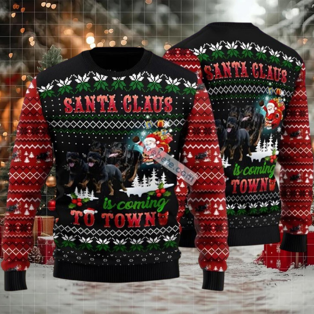 Rottweiler Santa Claus To Town Ugly Christmas Sweater Black Red Funny Rottweiler Santa Claus To Town Ugly Christmas Sweater Black Red Funny