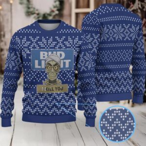 Royal Blue and White Pixel Snowflake Pattern “Bud Light I Kill You” Ugly Christmas Sweater