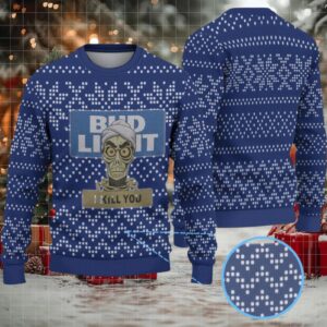 Royal Blue and White Pixel Snowflake Pattern “Bud Light I Kill You” Ugly Christmas Sweater