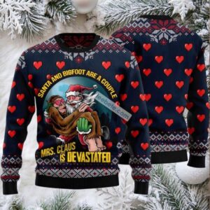 Santa And Bigfoot Couple Ugly Christmas Sweaters Blue Big And Tall Santa And Bigfoot Couple Ugly Christmas Sweaters Blue Big And Tall