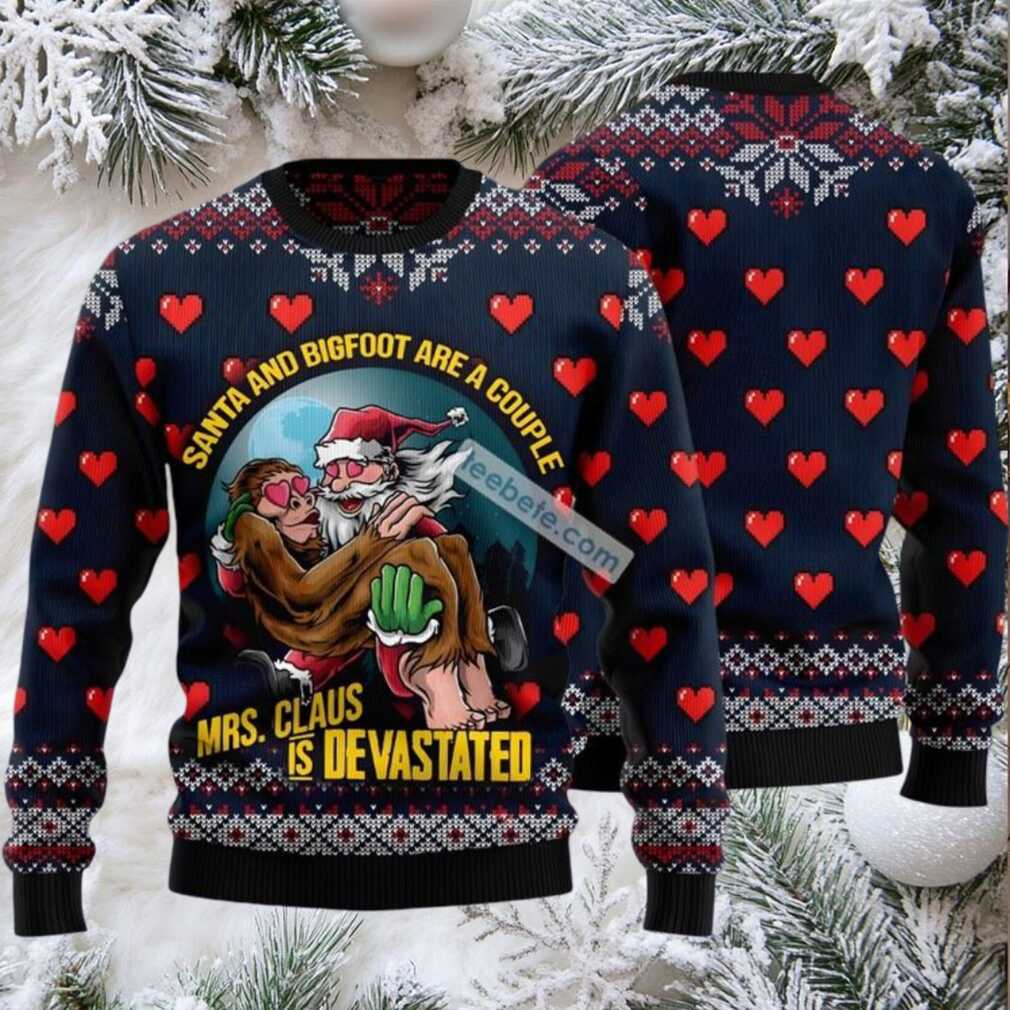 Santa And Bigfoot Couple Ugly Christmas Sweaters Blue Big And Tall