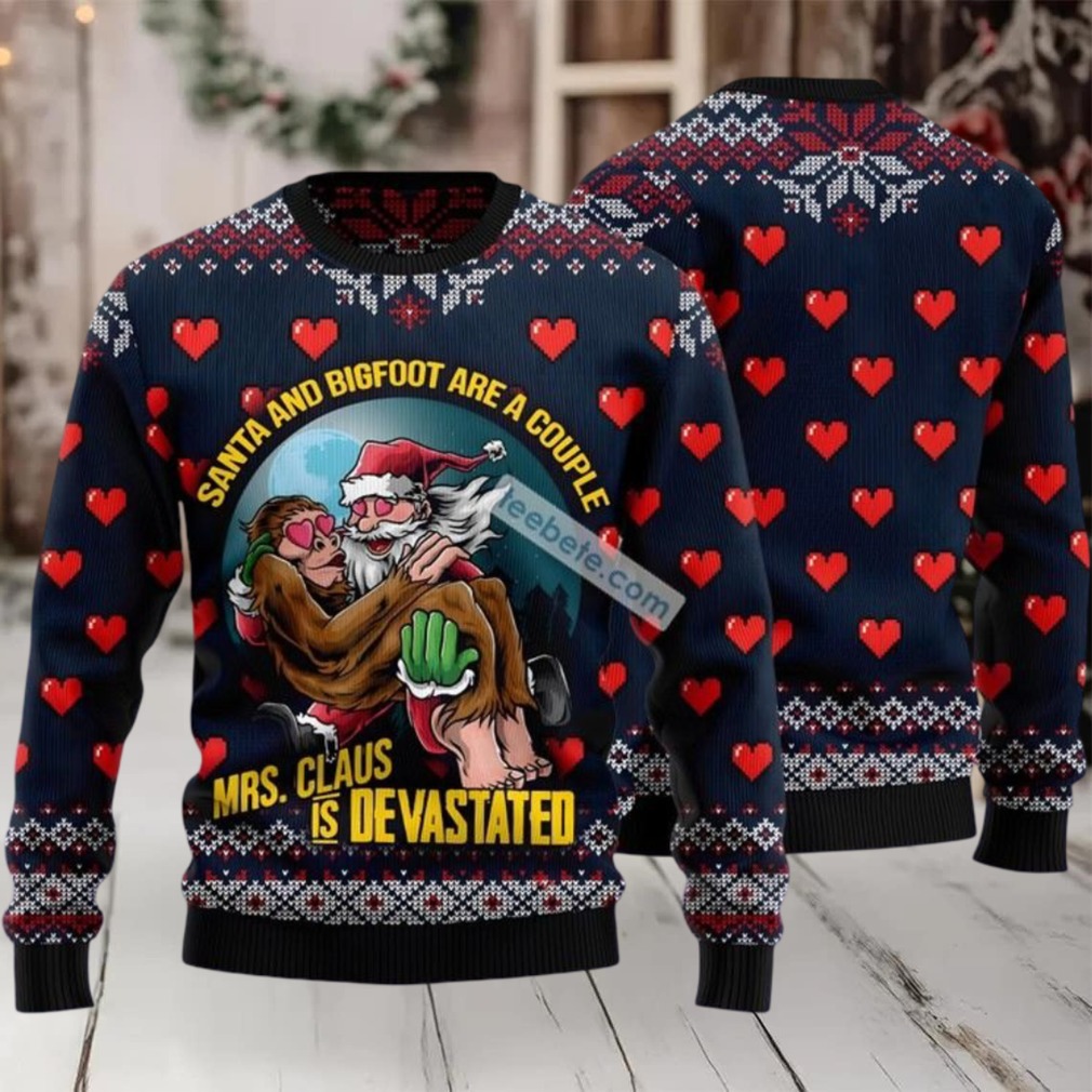 Santa And Bigfoot Couple Ugly Christmas Sweaters Blue Big And Tall back