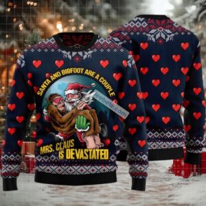 Santa And Bigfoot Couple Ugly Christmas Sweaters Blue Big And Tall