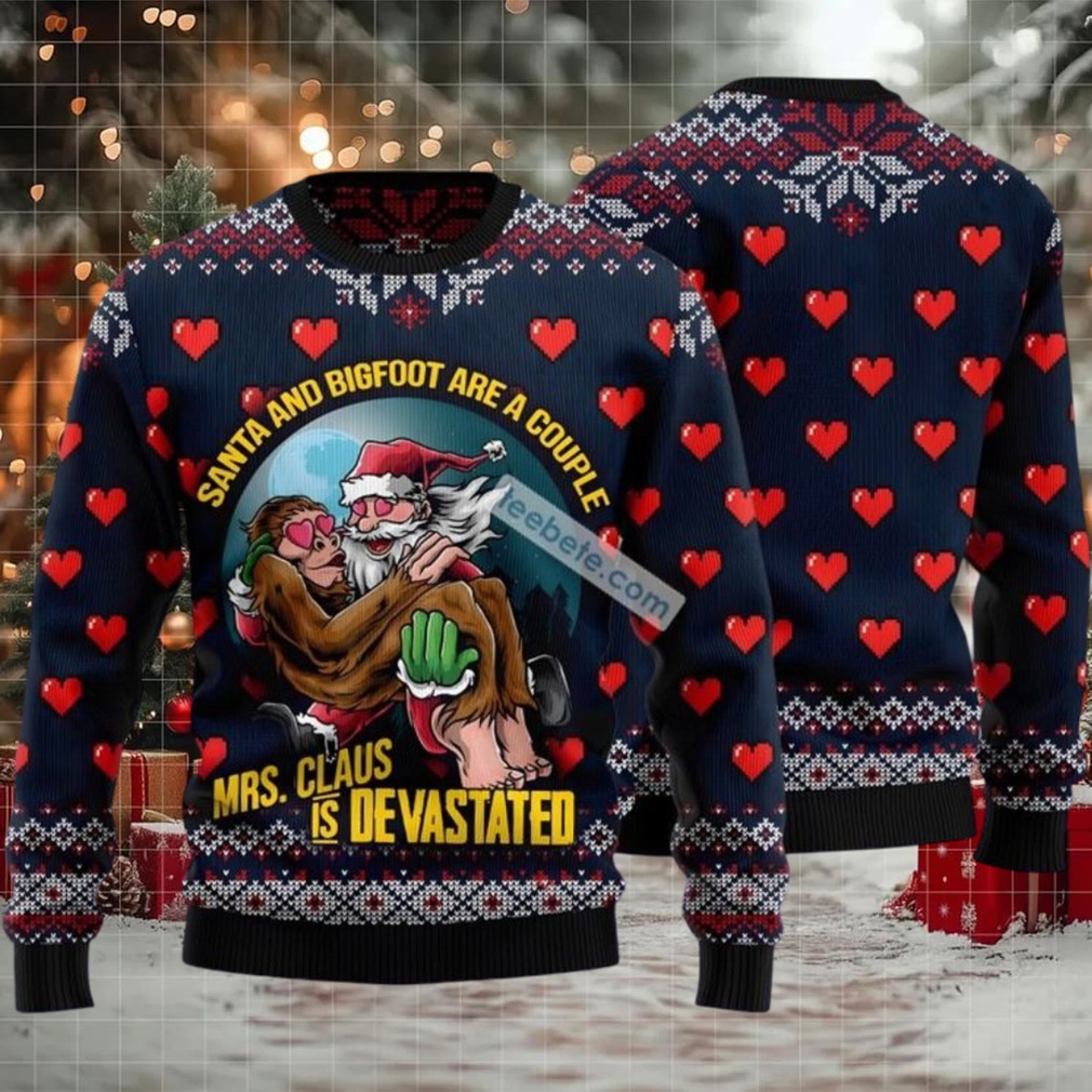 Santa And Bigfoot Couple Ugly Christmas Sweaters Blue Big And Tall Santa And Bigfoot Couple Ugly Christmas Sweaters Blue Big And Tall