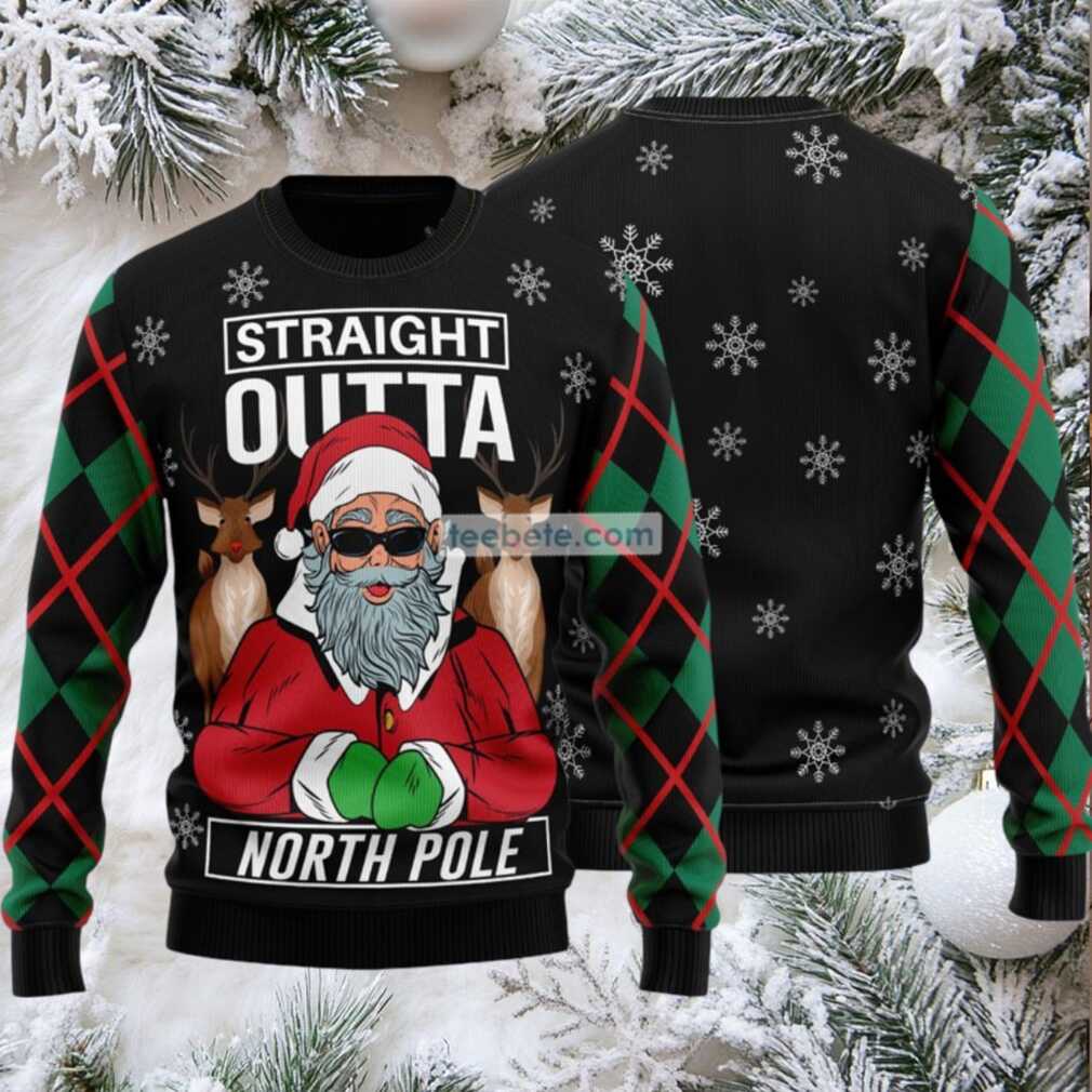Santa And Reindeer Straight Outta North Pole Ugly Christmas Sweater Best - First image